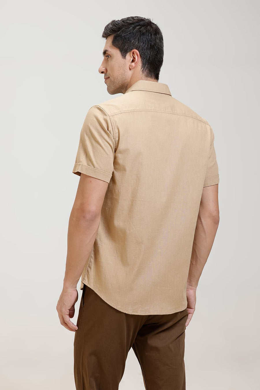 BASICS SLIM FIT KHAKI LEAF SLUB COTTON STRETCH HALFSLEEVES SHIRT