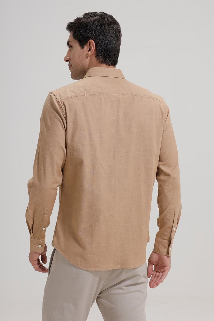 BASICS SLIM FIT KHAKI LEAF SLUB COTTON STRETCH SHIRT