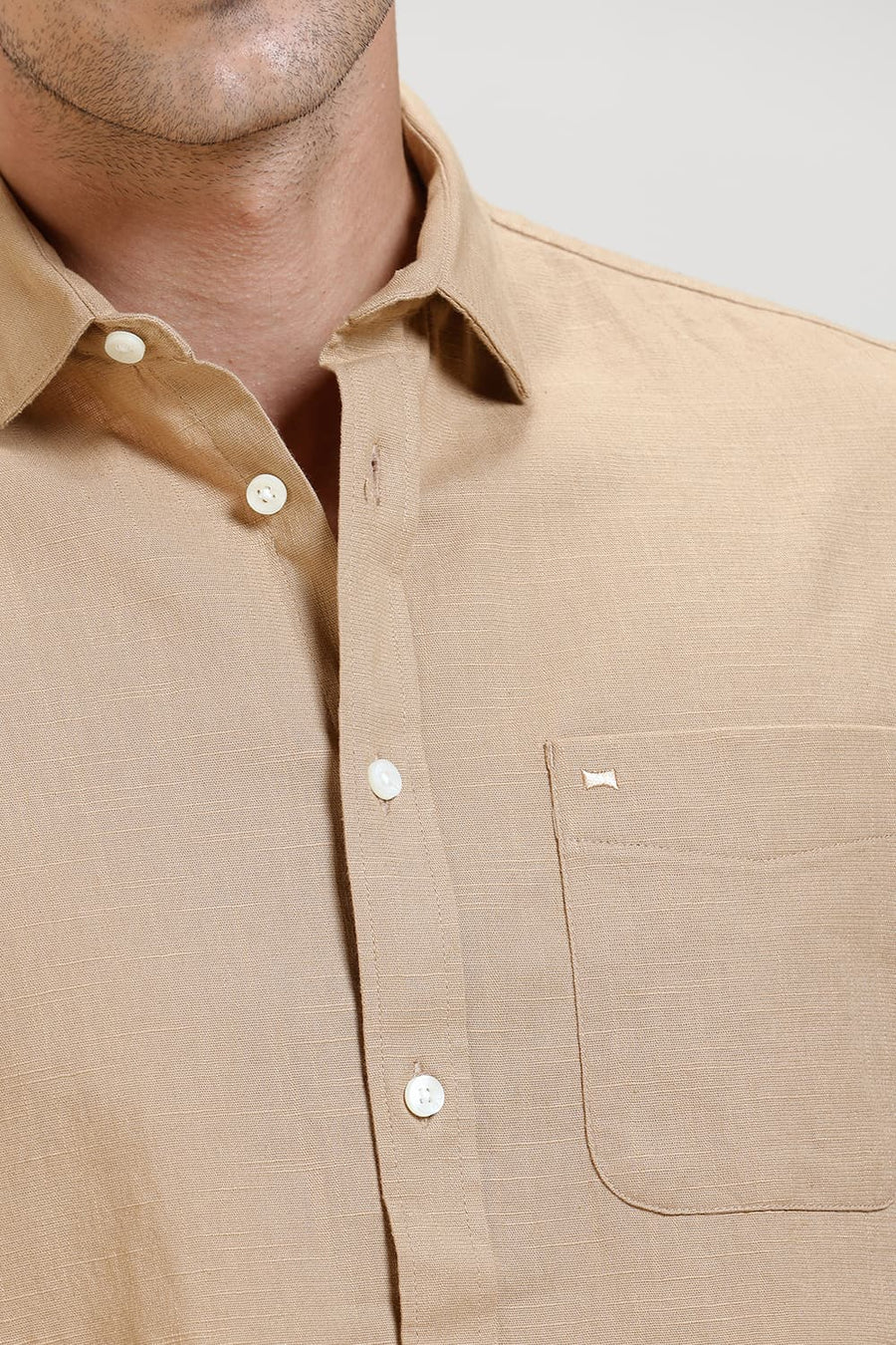 BASICS SLIM FIT KHAKI LEAF SLUB COTTON STRETCH HALFSLEEVES SHIRT