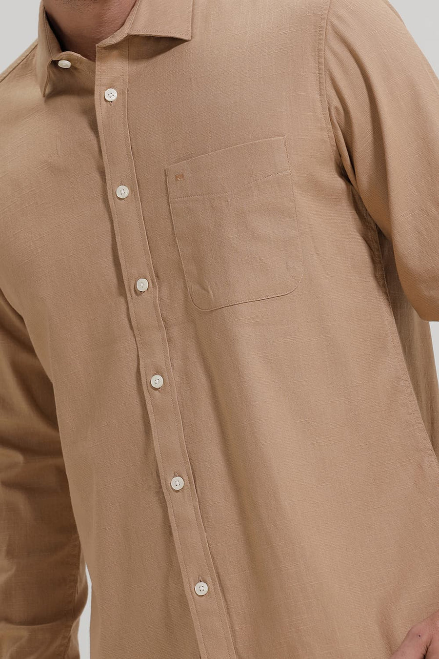 BASICS SLIM FIT KHAKI LEAF SLUB COTTON STRETCH SHIRT