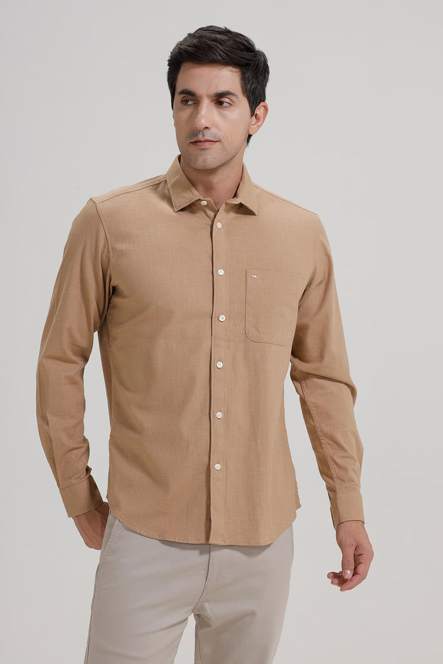 BASICS SLIM FIT KHAKI LEAF SLUB COTTON STRETCH SHIRT
