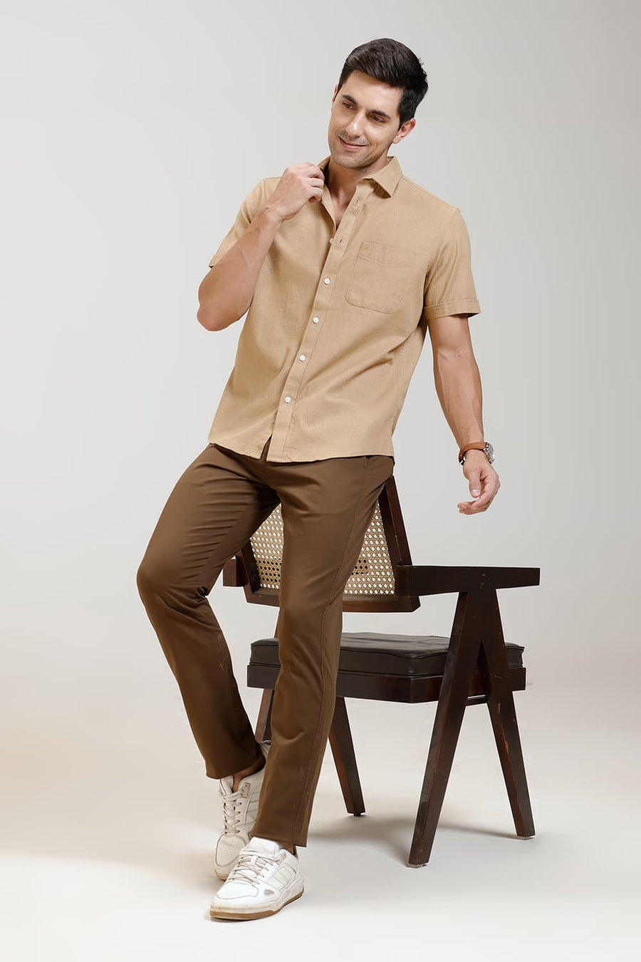 BASICS SLIM FIT KHAKI LEAF SLUB COTTON STRETCH HALFSLEEVES SHIRT