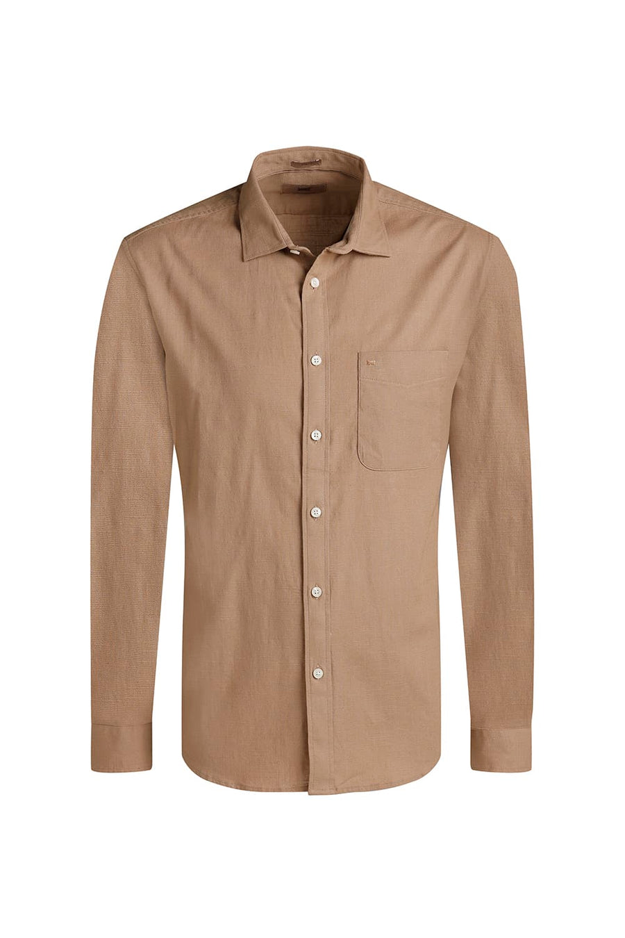 BASICS SLIM FIT KHAKI LEAF SLUB COTTON STRETCH SHIRT