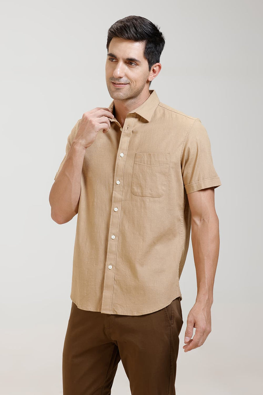 BASICS SLIM FIT KHAKI LEAF SLUB COTTON STRETCH HALFSLEEVES SHIRT