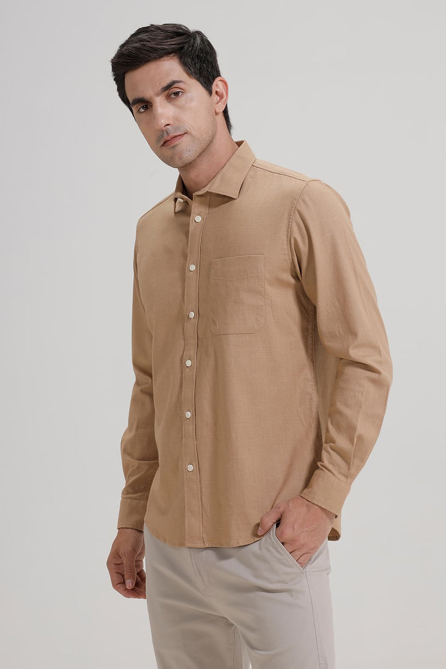 BASICS SLIM FIT KHAKI LEAF SLUB COTTON STRETCH SHIRT