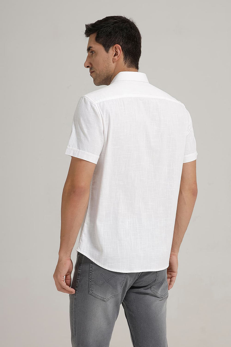 BASICS SLIM FIT LUCENT WHITE SLUB COTTON STRETCH HALFSLEEVES SHIRT