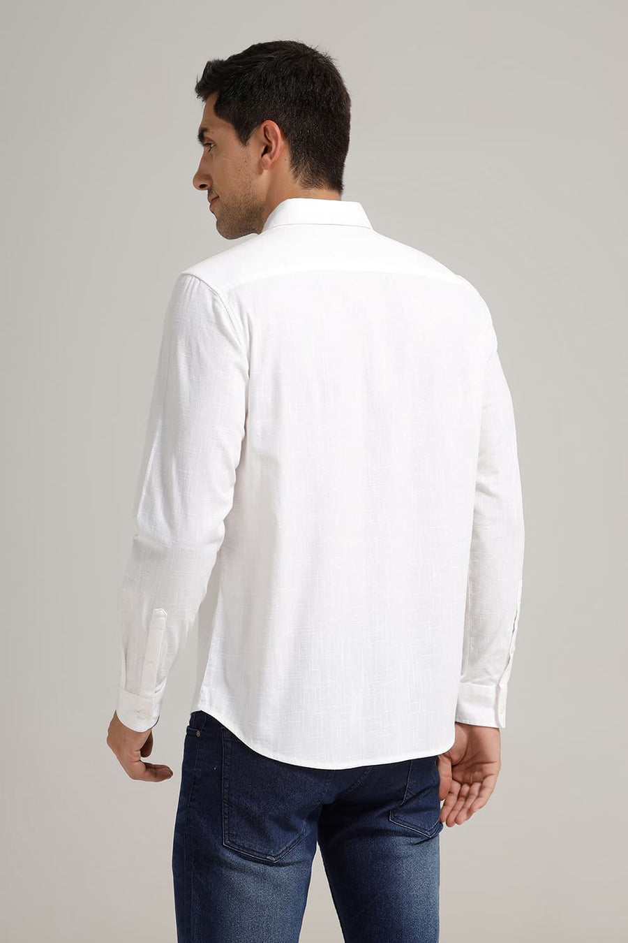 BASICS SLIM FIT LUCENT WHITE SLUB COTTON STRETCH SHIRT