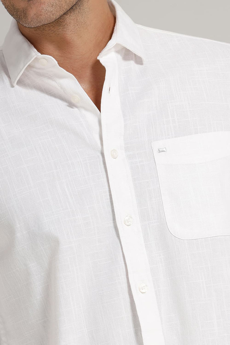 BASICS SLIM FIT LUCENT WHITE SLUB COTTON STRETCH SHIRT