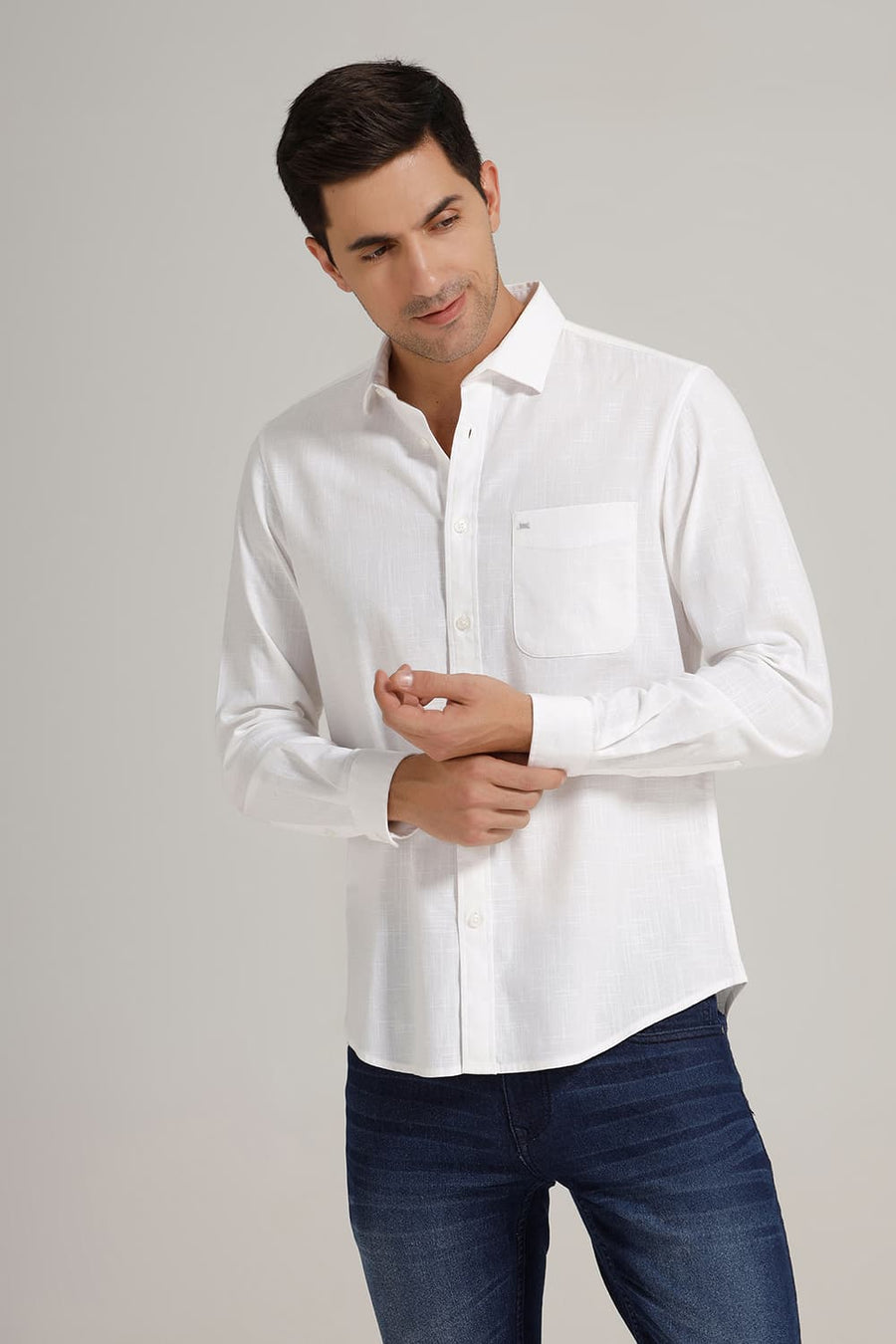 BASICS SLIM FIT LUCENT WHITE SLUB COTTON STRETCH SHIRT