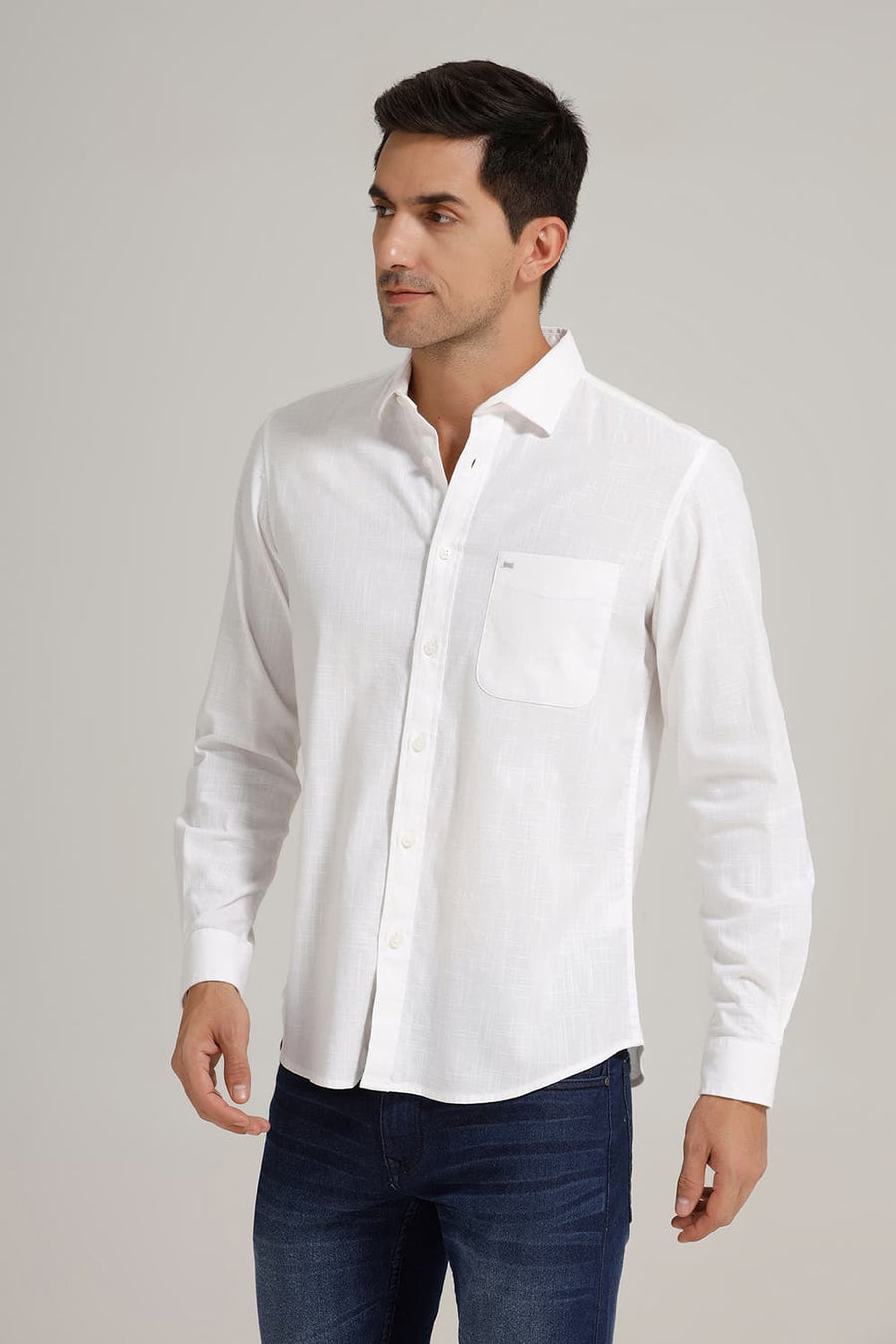 BASICS SLIM FIT LUCENT WHITE SLUB COTTON STRETCH SHIRT