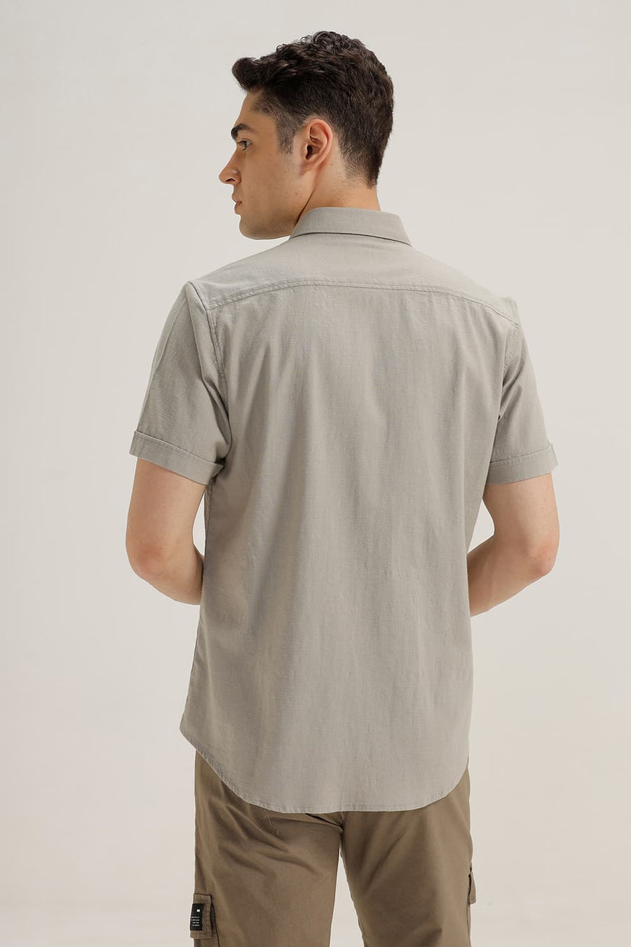 BASICS SLIM FIT FOSSIL GREY SLUB COTTON STRETCH HALFSLEEVES SHIRT
