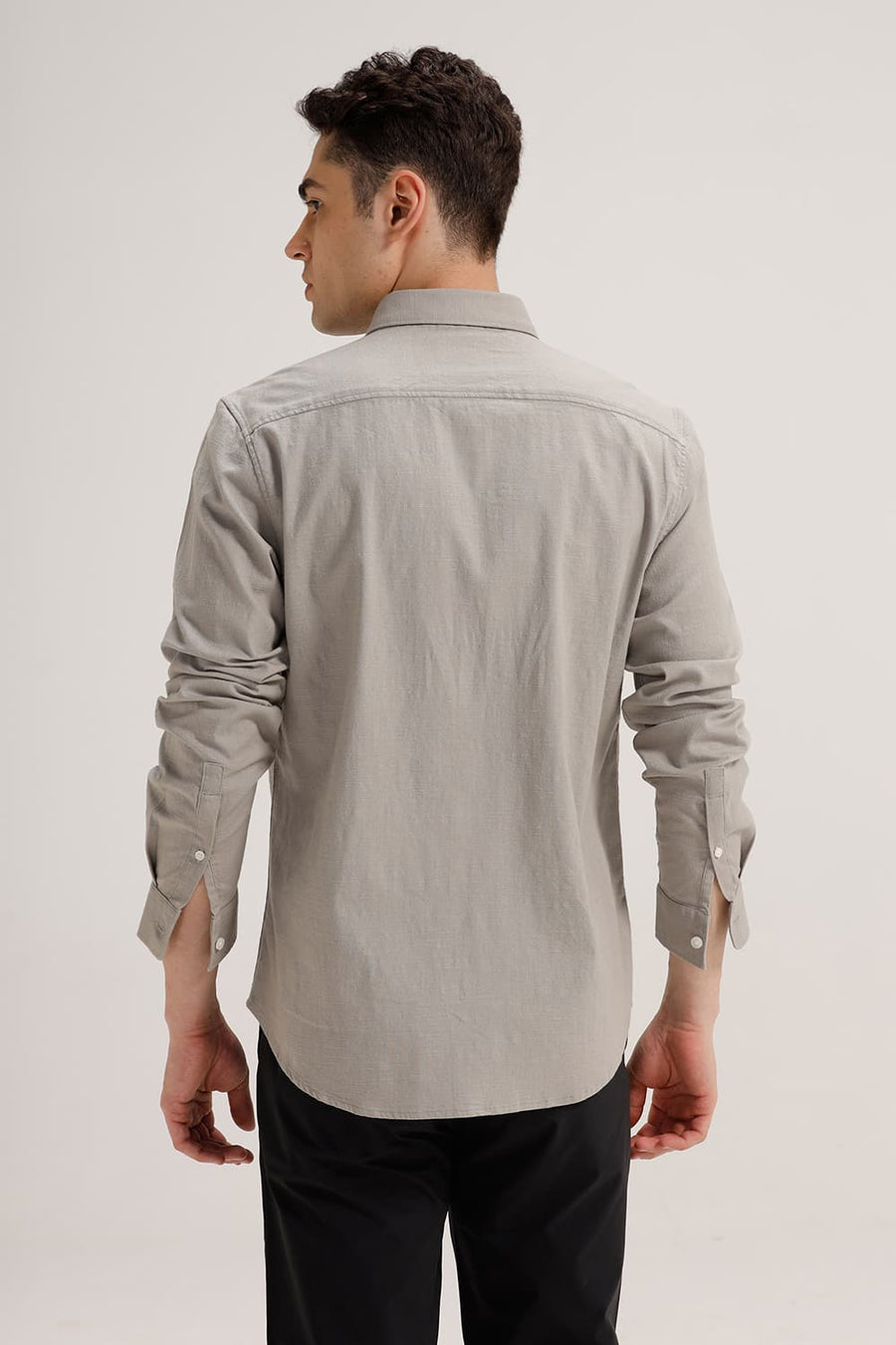 BASICS SLIM FIT FOSSIL GREY SLUB COTTON STRETCH SHIRT