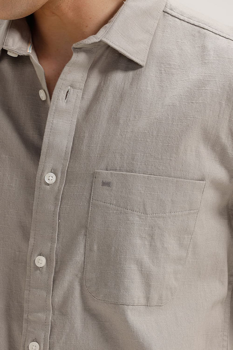 BASICS SLIM FIT FOSSIL GREY SLUB COTTON STRETCH SHIRT