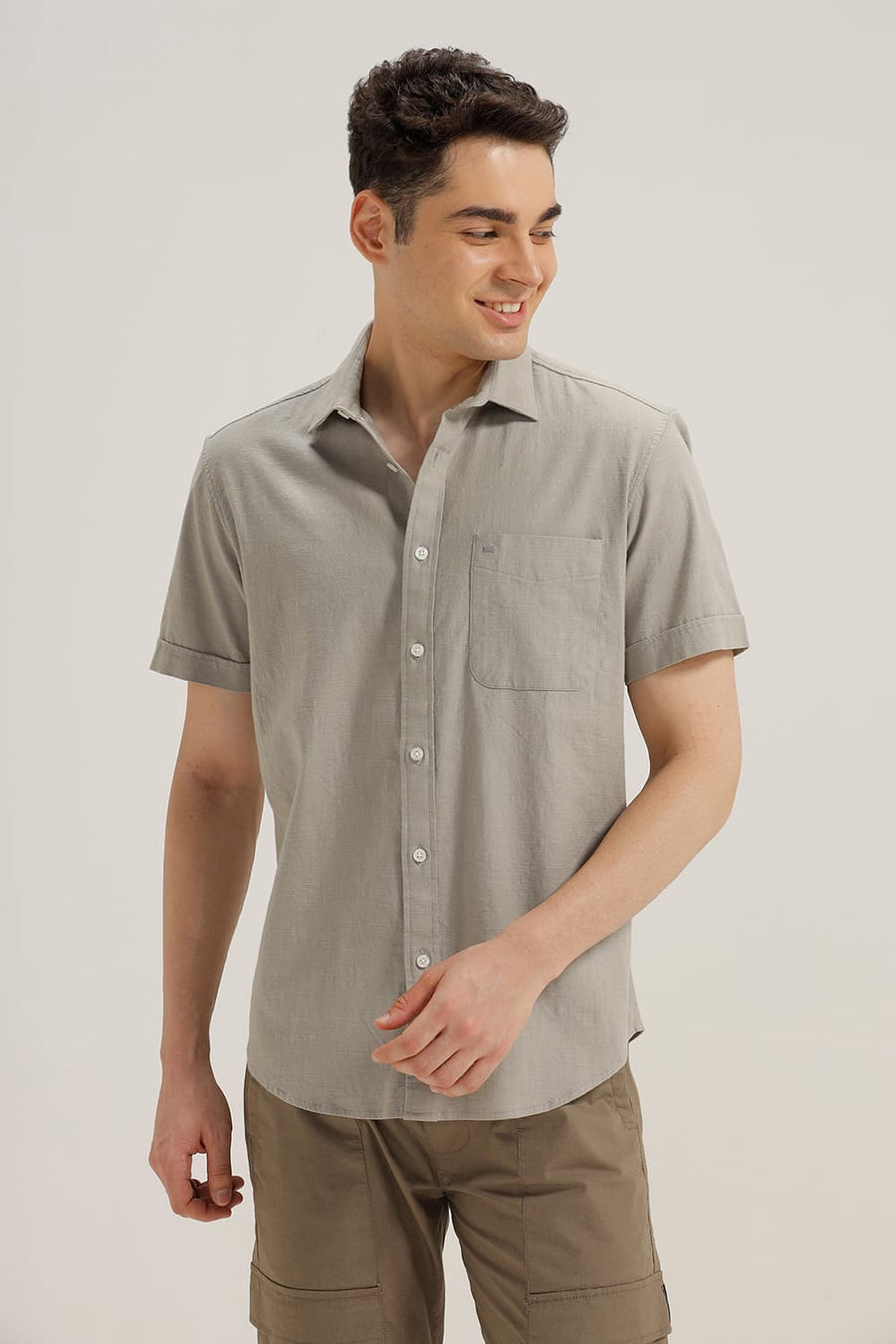 BASICS SLIM FIT FOSSIL GREY SLUB COTTON STRETCH HALFSLEEVES SHIRT