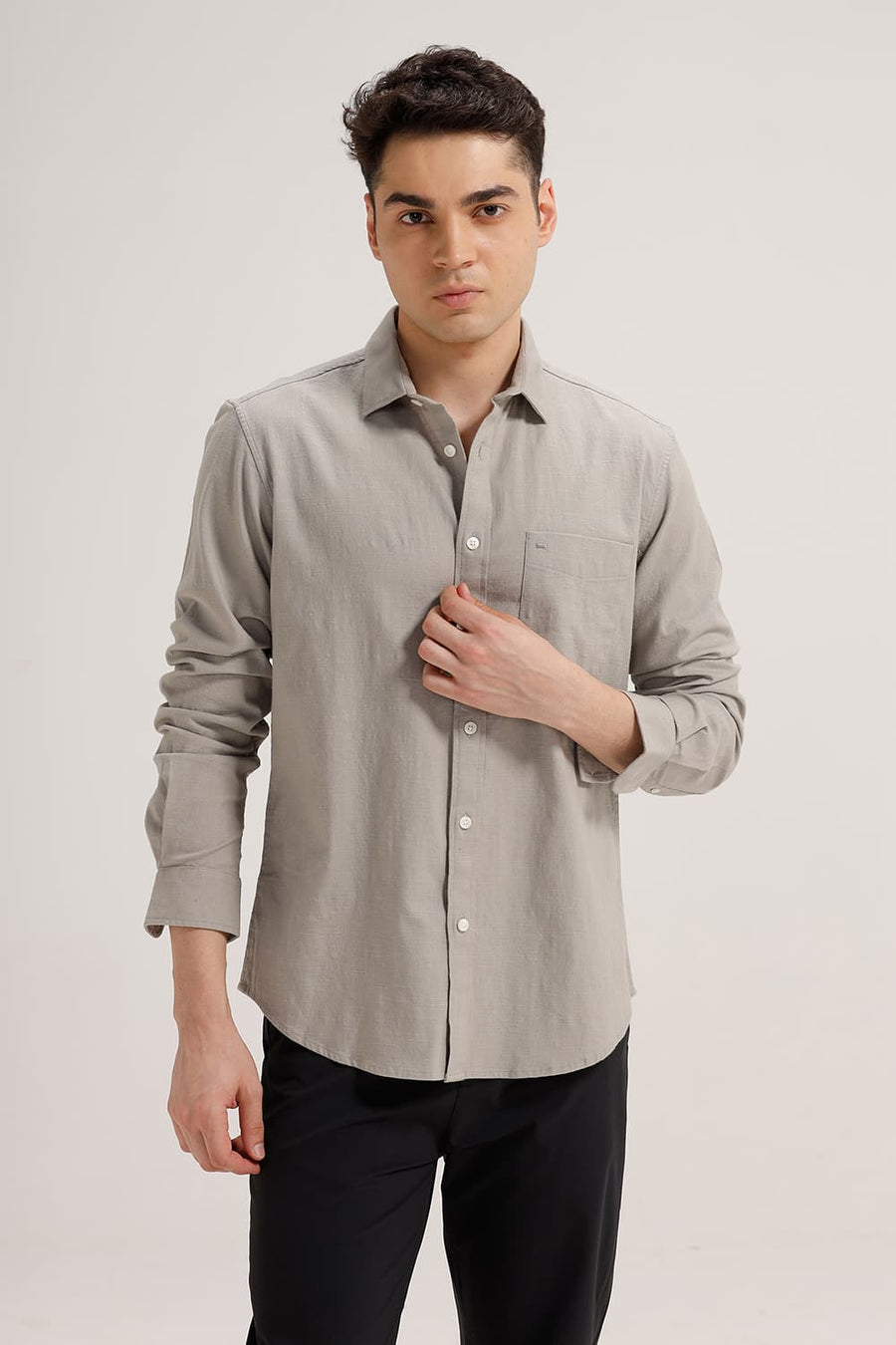 BASICS SLIM FIT FOSSIL GREY SLUB COTTON STRETCH SHIRT