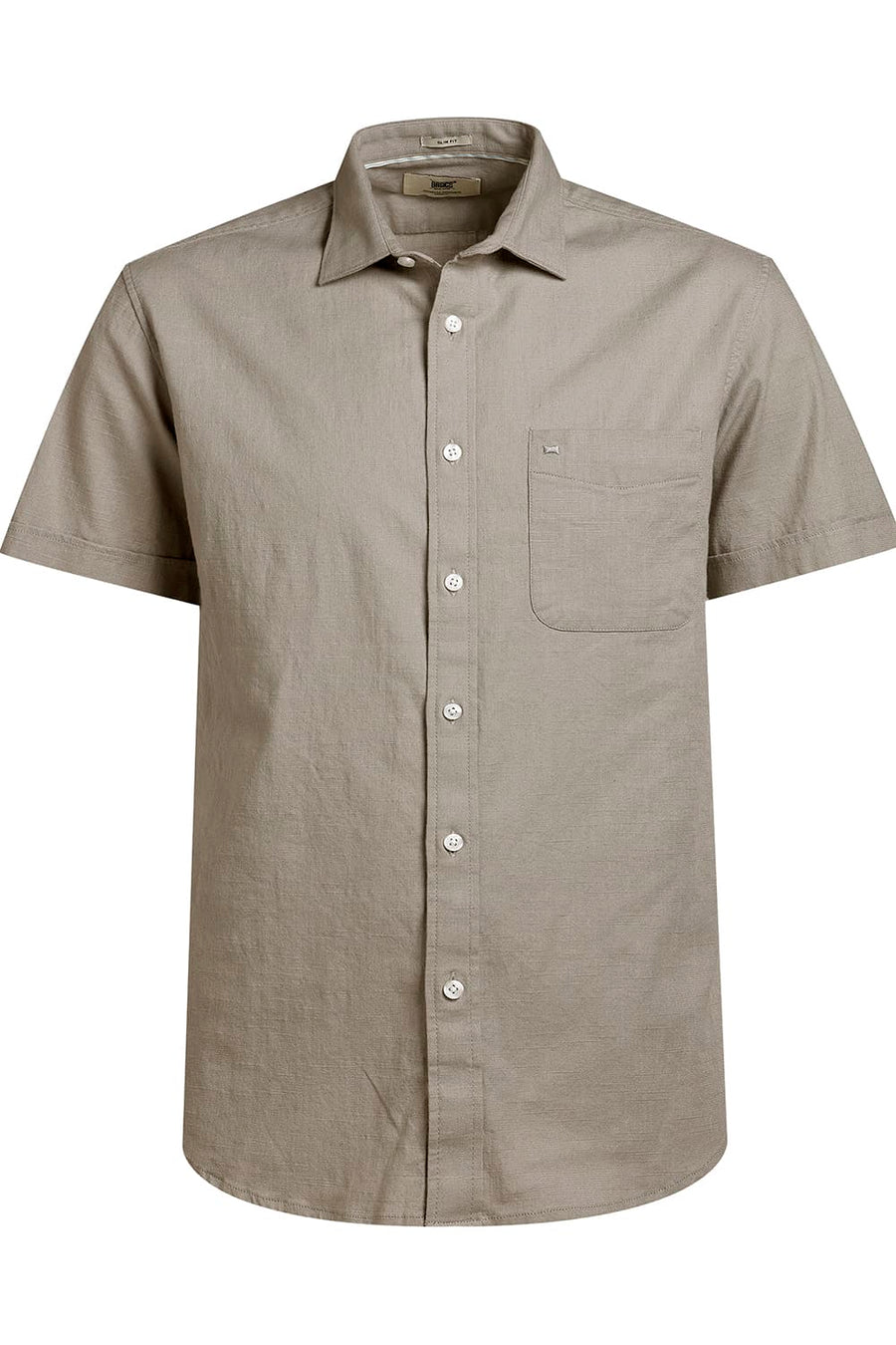 BASICS SLIM FIT FOSSIL GREY SLUB COTTON STRETCH HALFSLEEVES SHIRT