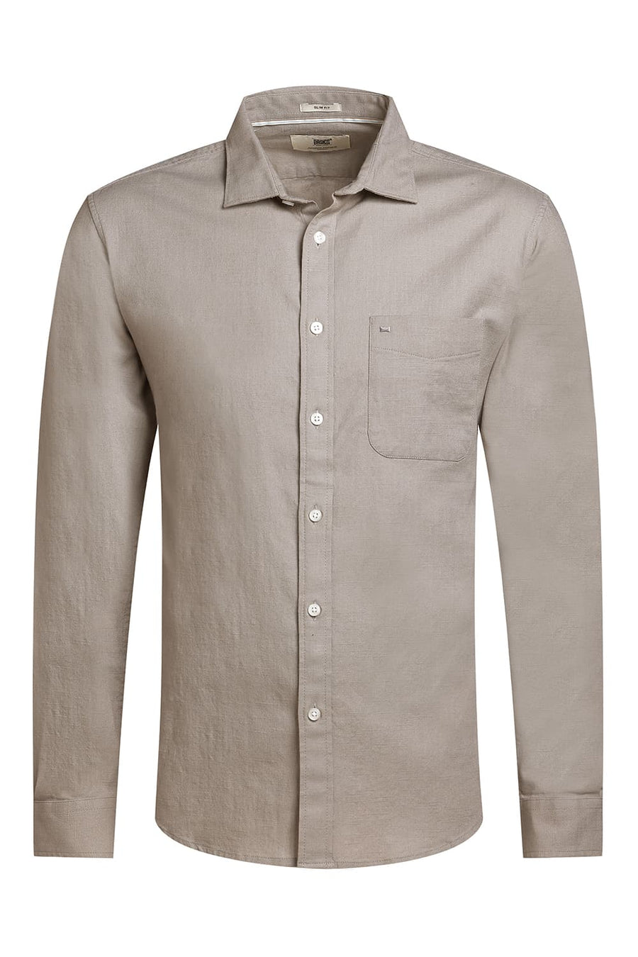 BASICS SLIM FIT FOSSIL GREY SLUB COTTON STRETCH SHIRT