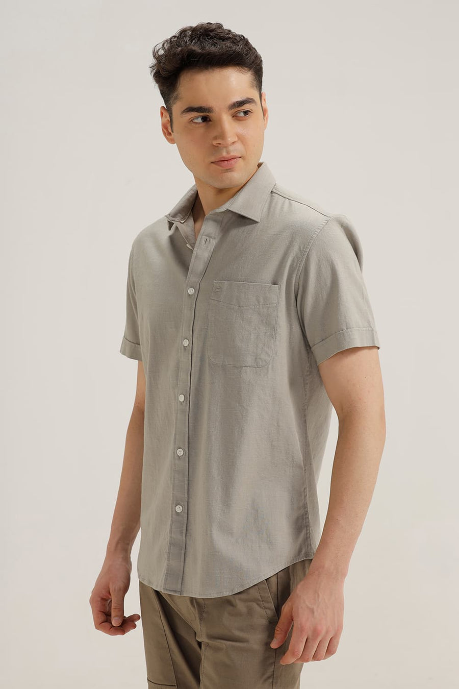 BASICS SLIM FIT FOSSIL GREY SLUB COTTON STRETCH HALFSLEEVES SHIRT