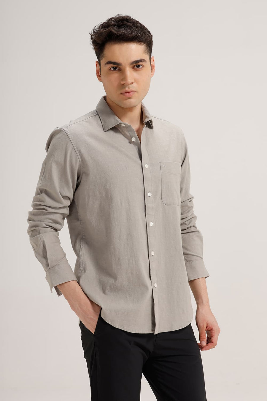 BASICS SLIM FIT FOSSIL GREY SLUB COTTON STRETCH SHIRT