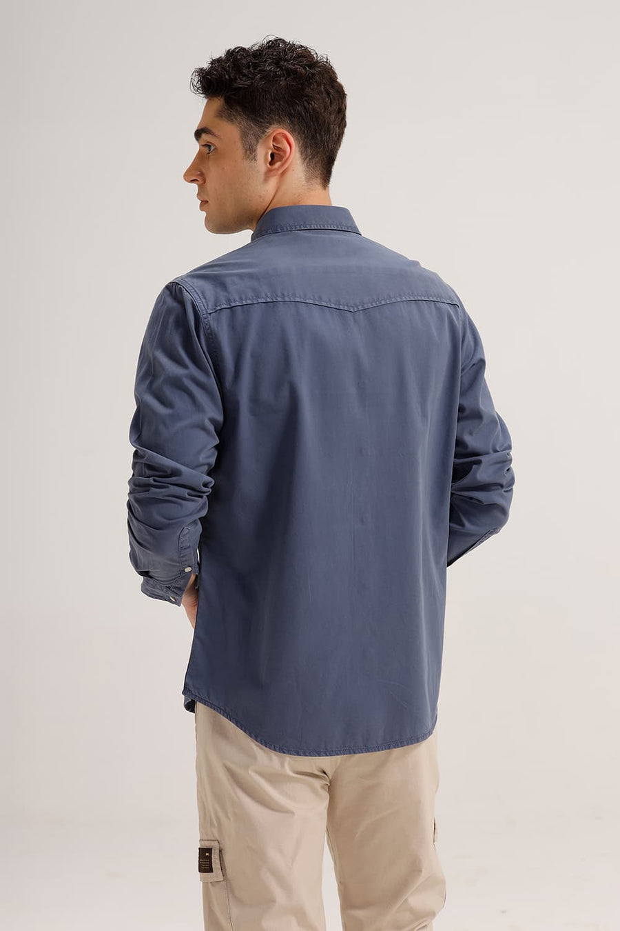 BASICS SLIM FIT STEEL NAVY COTTON TWILL SHIRT