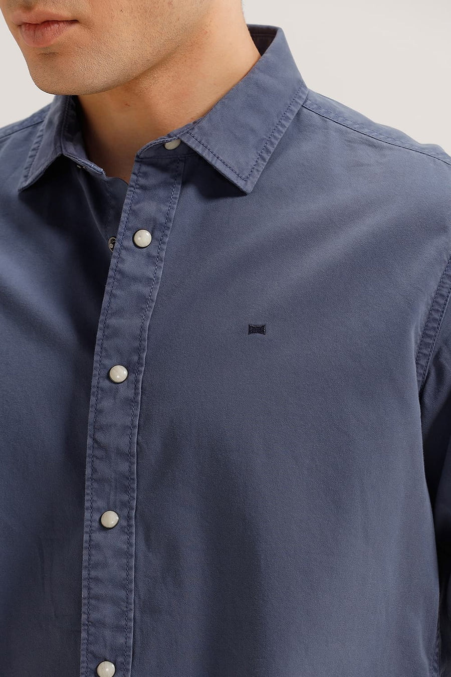 BASICS SLIM FIT STEEL NAVY COTTON TWILL SHIRT