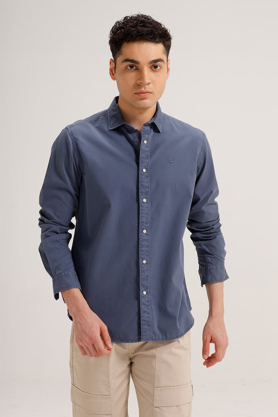 BASICS SLIM FIT STEEL NAVY COTTON TWILL SHIRT