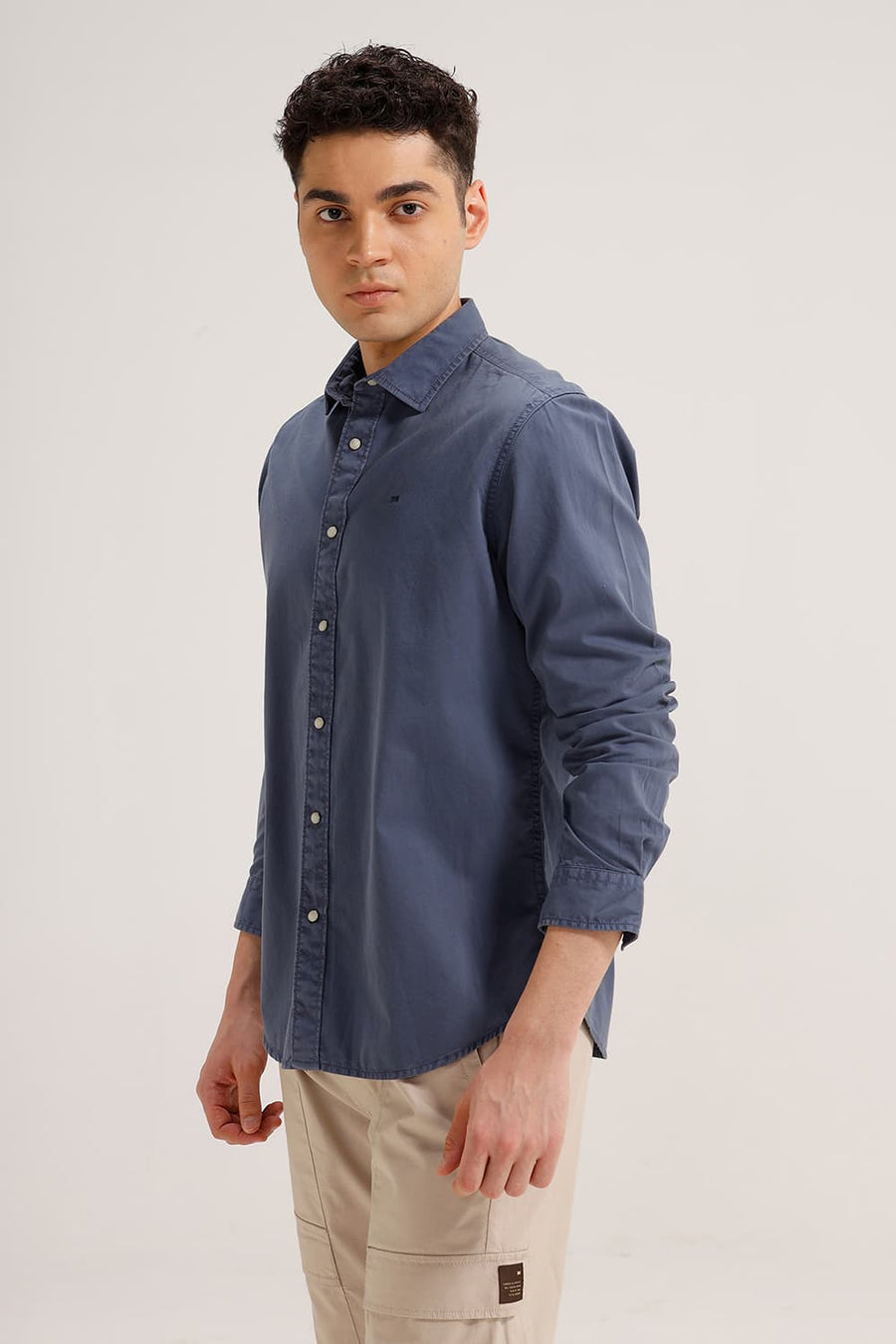 BASICS SLIM FIT STEEL NAVY COTTON TWILL SHIRT