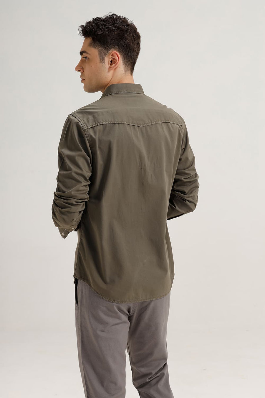 BASICS SLIM FIT OLIVE CLOVER COTTON TWILL SHIRT