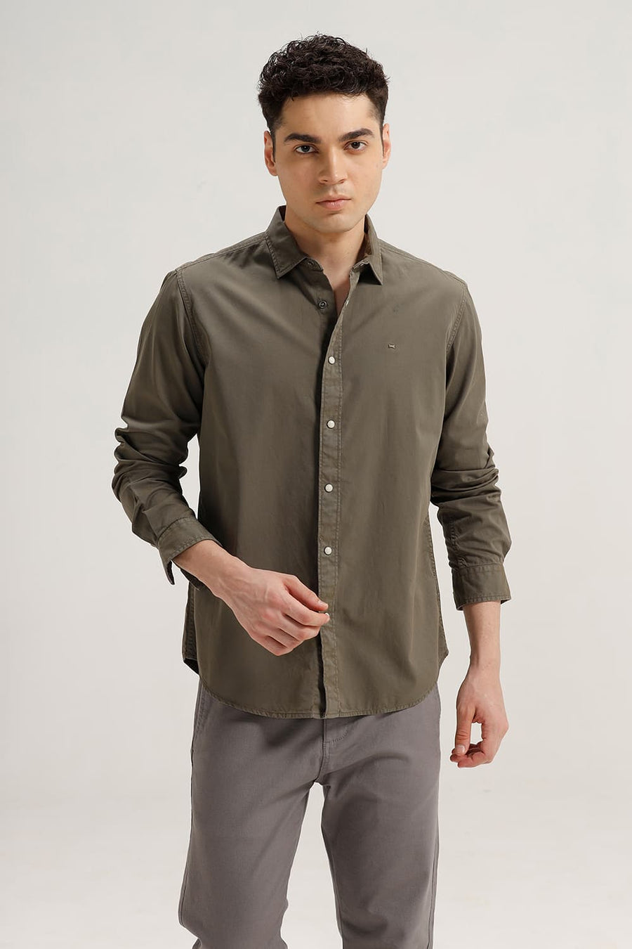 BASICS SLIM FIT OLIVE CLOVER COTTON TWILL SHIRT