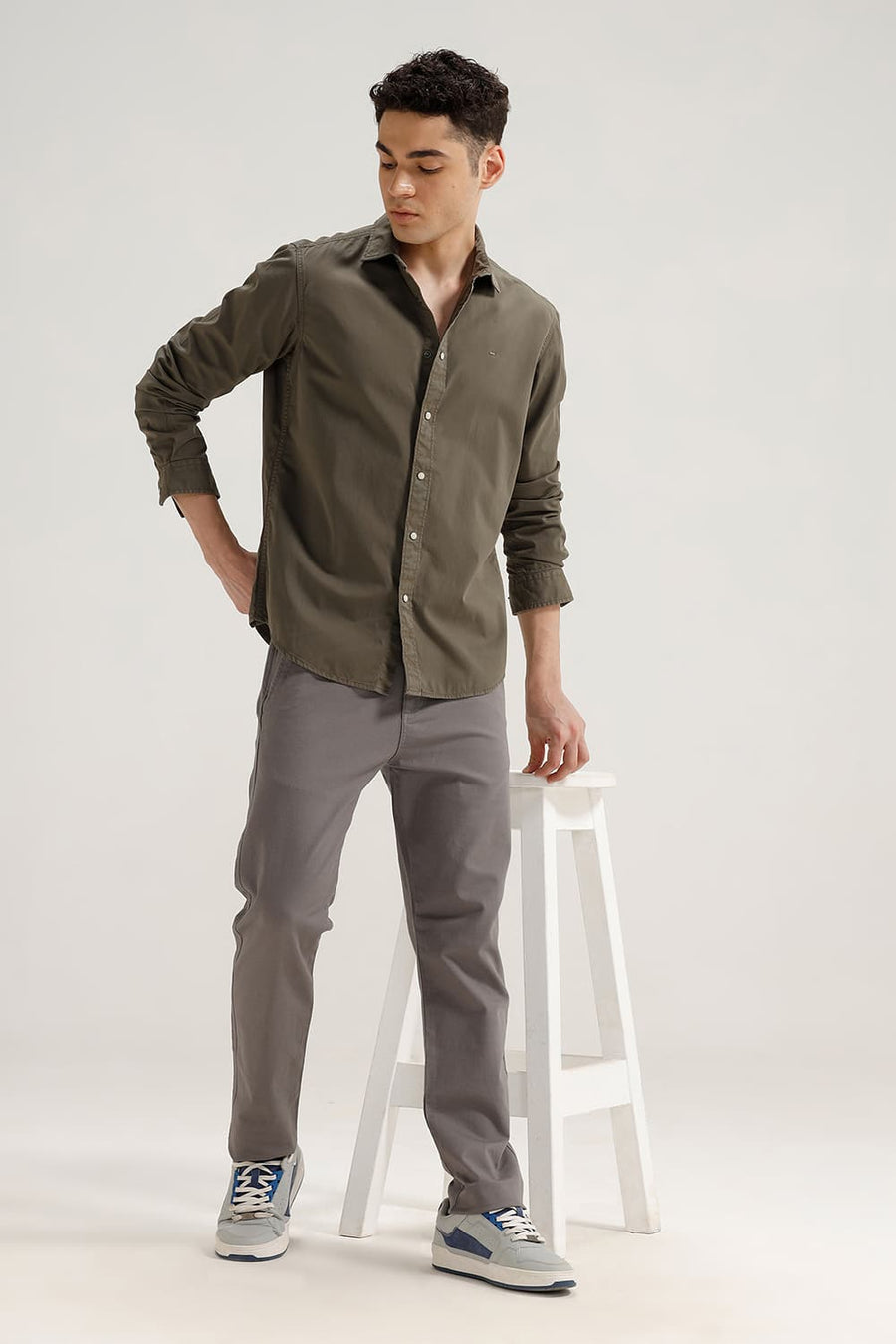 BASICS SLIM FIT OLIVE CLOVER COTTON TWILL SHIRT