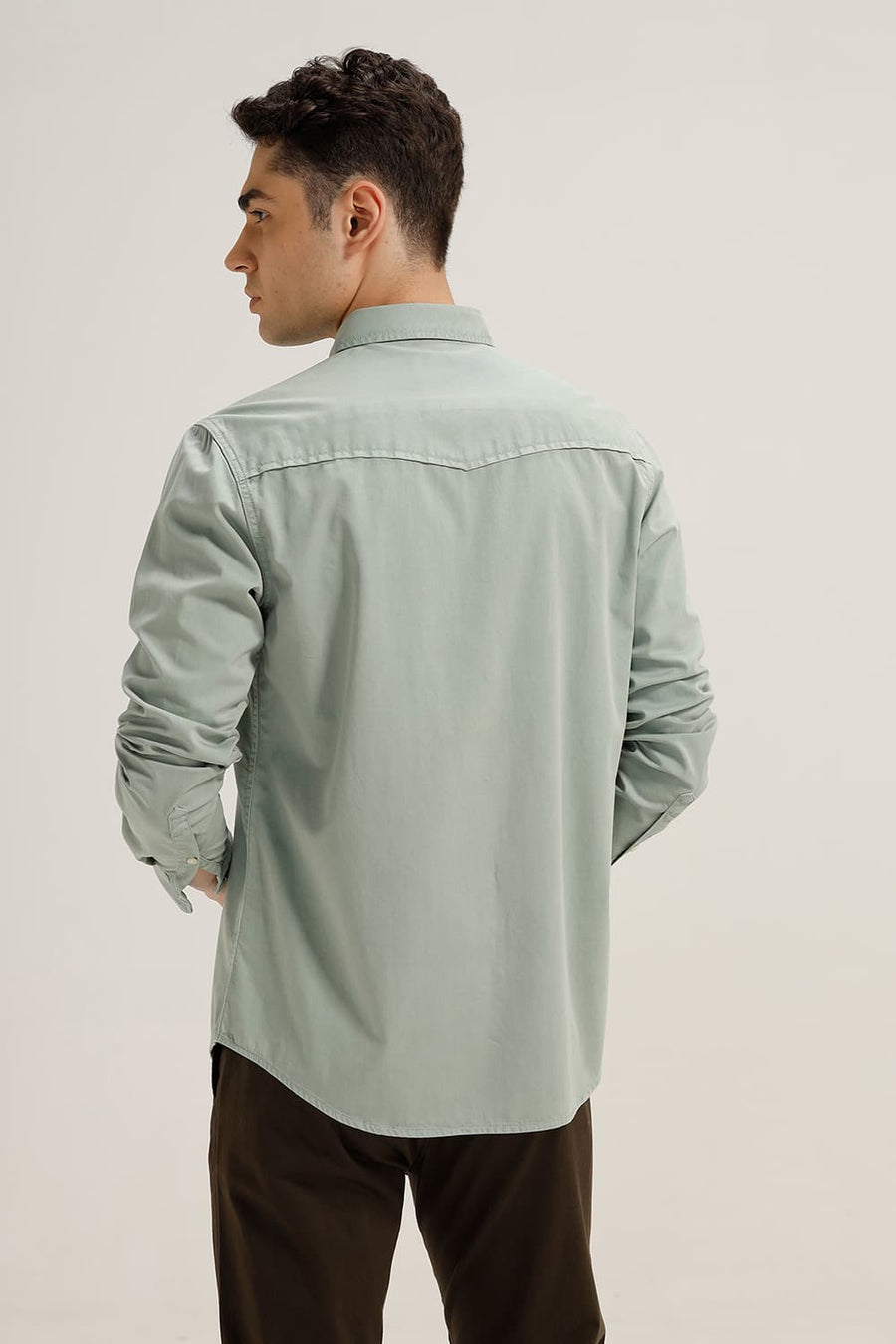 BASICS SLIM FIT SMOKE GREEN COTTON TWILL SHIRT