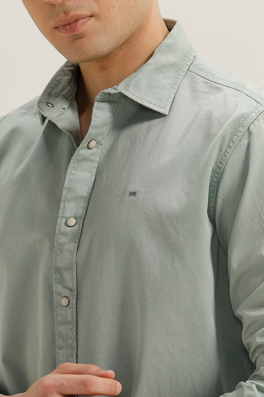BASICS SLIM FIT SMOKE GREEN COTTON TWILL SHIRT
