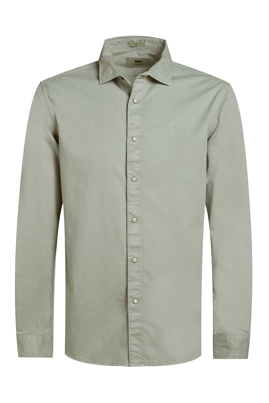 BASICS SLIM FIT SMOKE GREEN COTTON TWILL SHIRT