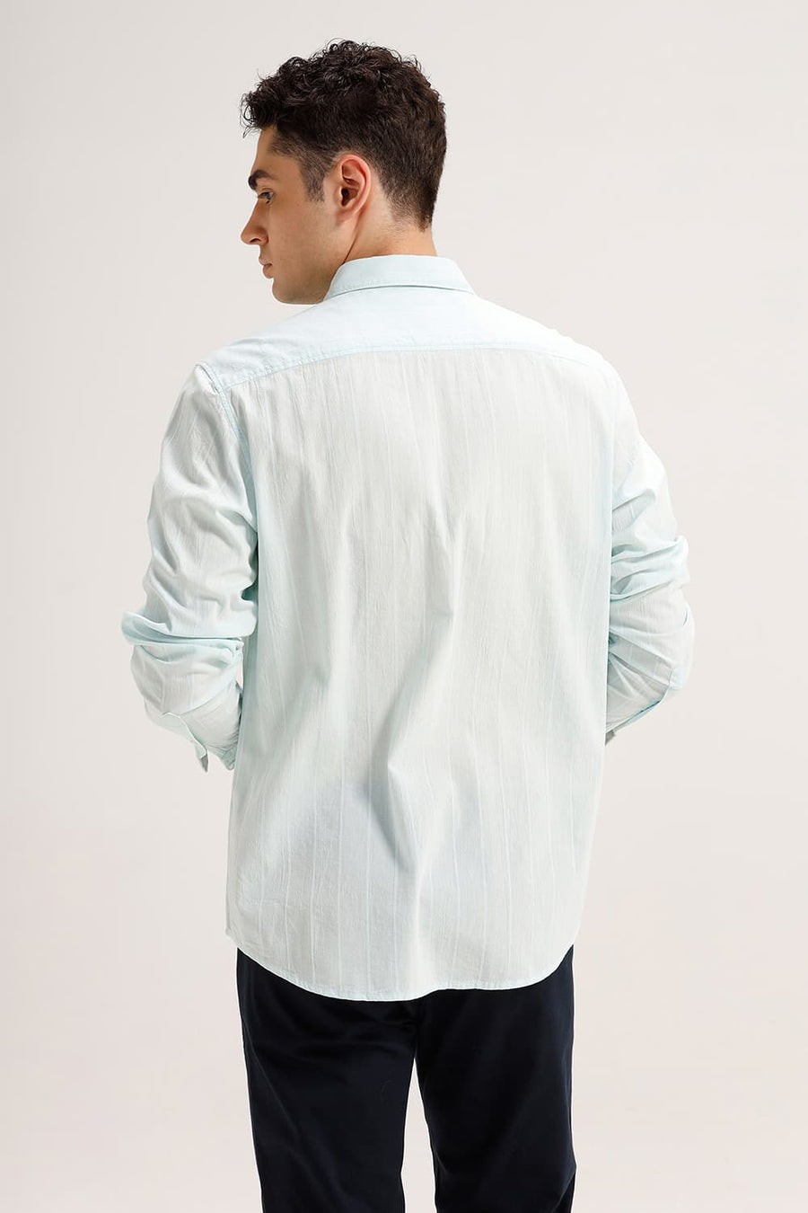 BASICS SLIM FIT LIGHT GREEN OASIS COTTON SEERSUCKER CRINKLE DOBBY STRIPE SHIRT