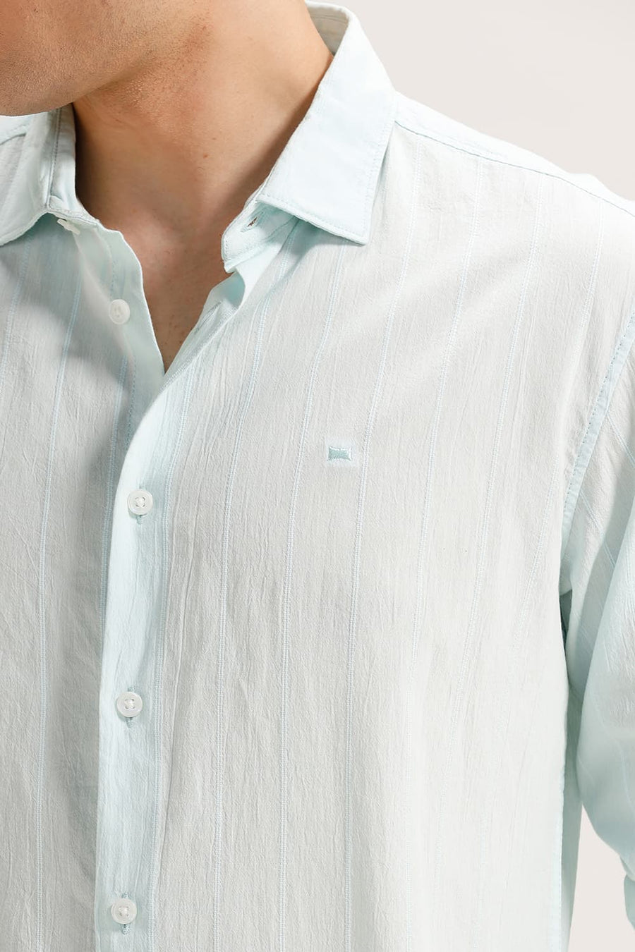 BASICS SLIM FIT LIGHT GREEN OASIS COTTON SEERSUCKER CRINKLE DOBBY STRIPE SHIRT