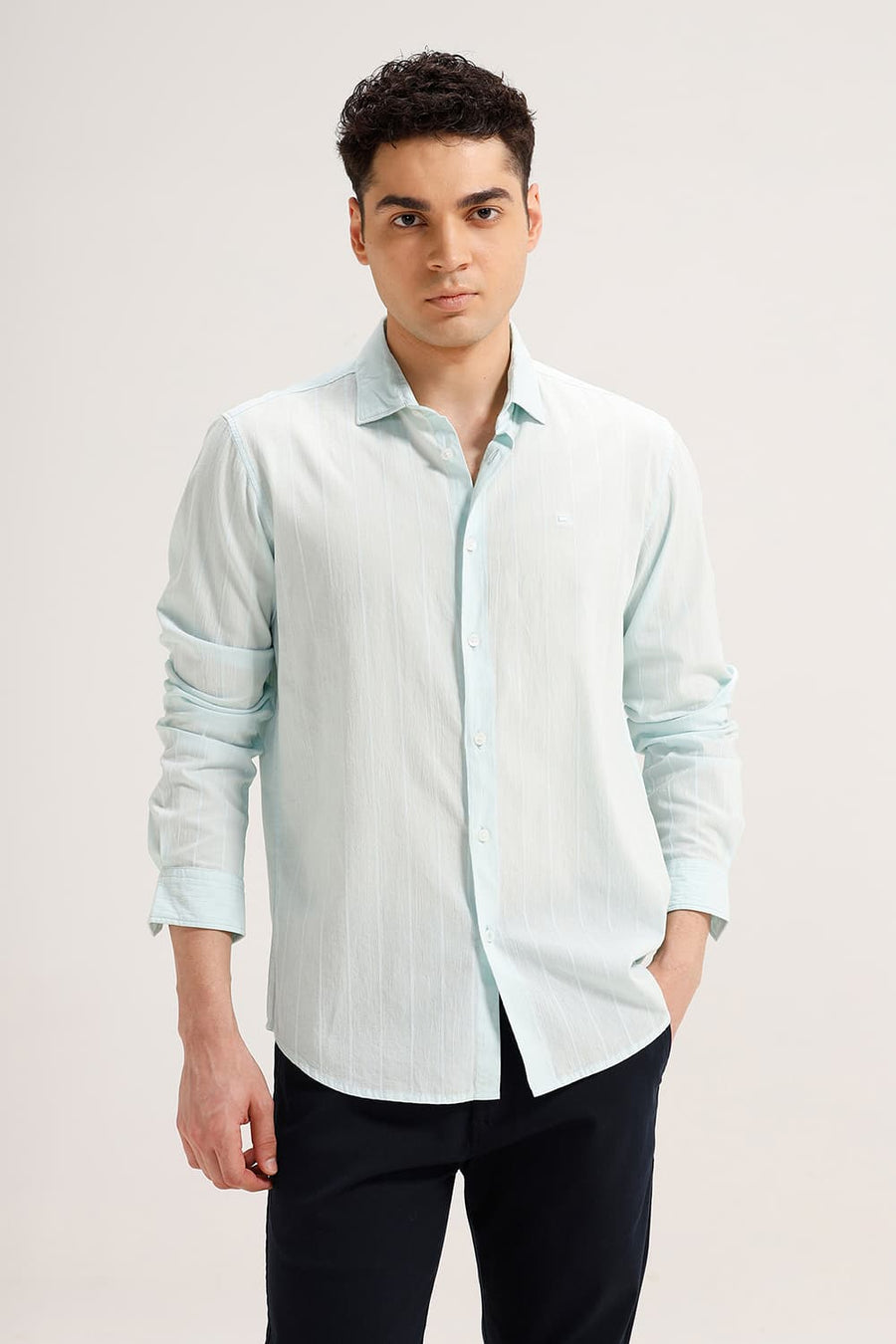 BASICS SLIM FIT LIGHT GREEN OASIS COTTON SEERSUCKER CRINKLE DOBBY STRIPE SHIRT