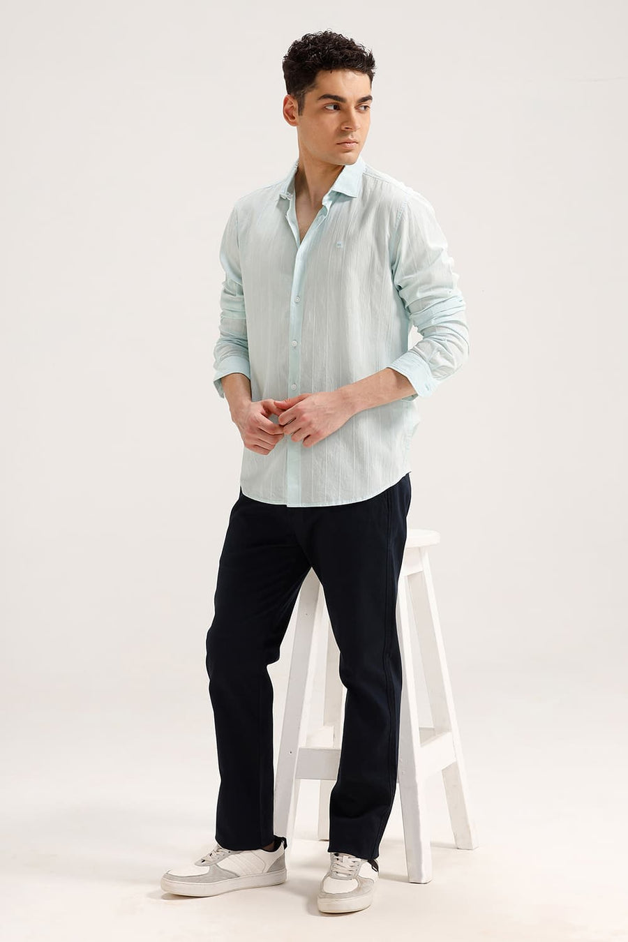 BASICS SLIM FIT LIGHT GREEN OASIS COTTON SEERSUCKER CRINKLE DOBBY STRIPE SHIRT