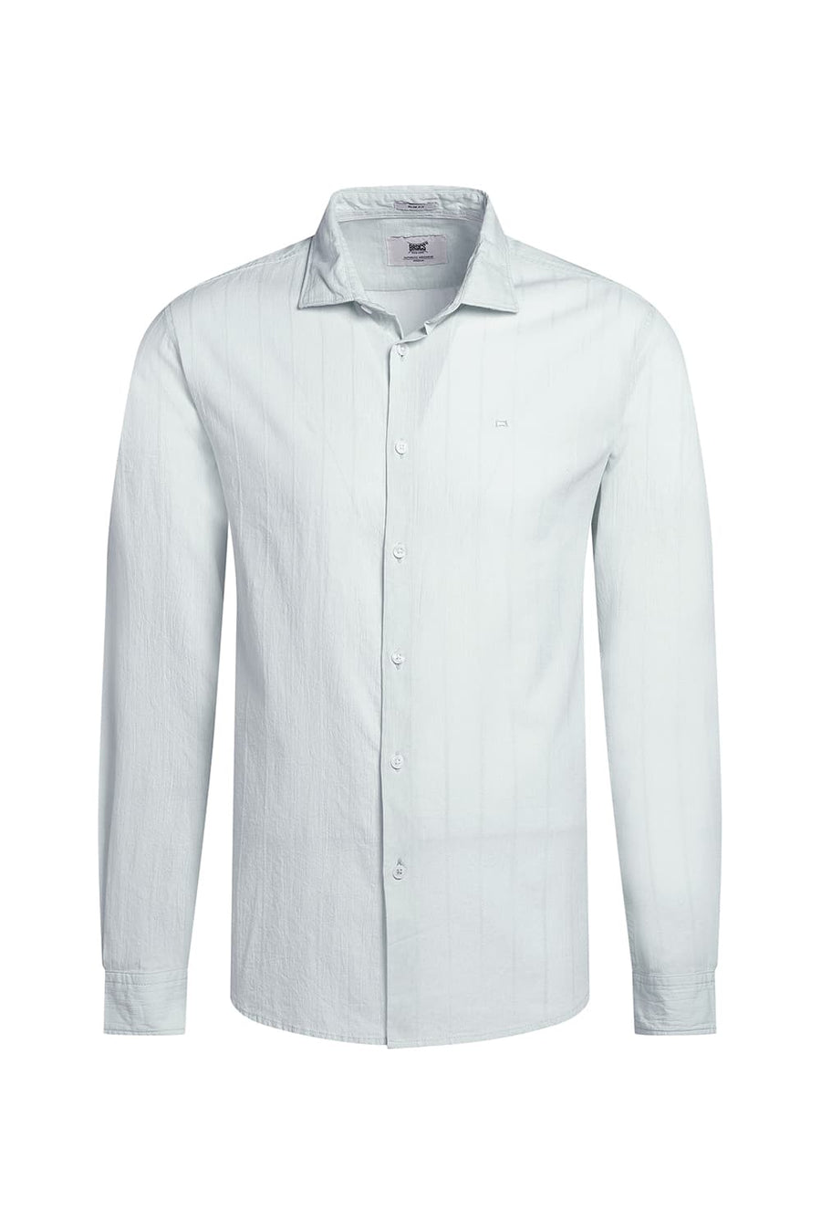 BASICS SLIM FIT LIGHT GREEN OASIS COTTON SEERSUCKER CRINKLE DOBBY STRIPE SHIRT