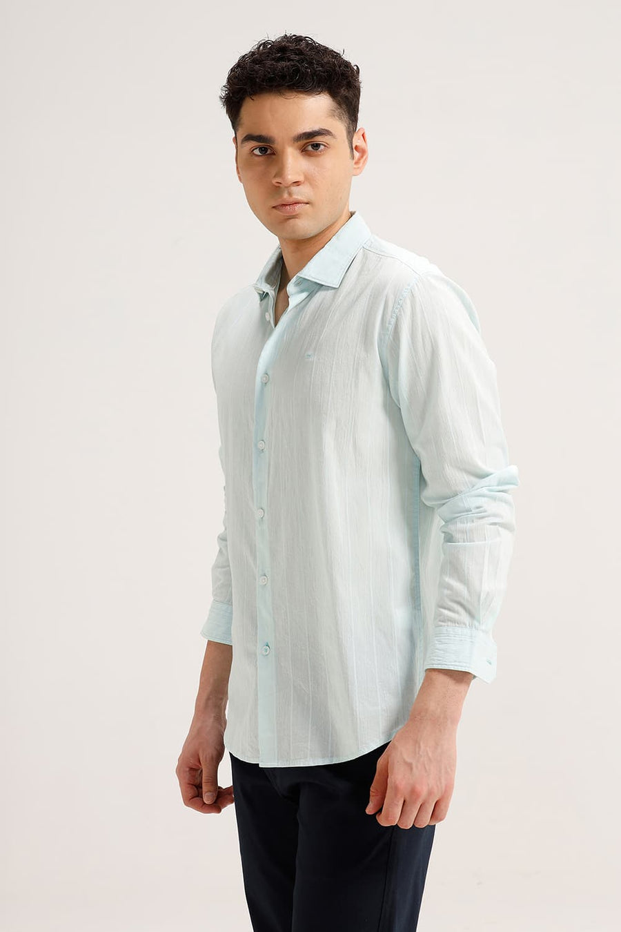 BASICS SLIM FIT LIGHT GREEN OASIS COTTON SEERSUCKER CRINKLE DOBBY STRIPE SHIRT