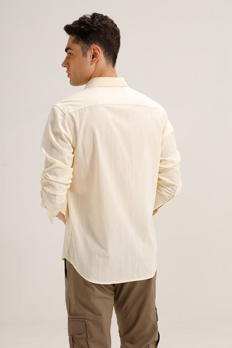 BASICS SLIM FIT AFTERGLOW OFFWHITE COTTON SEERSUCKER CRINKLE DOBBY STRIPE SHIRT