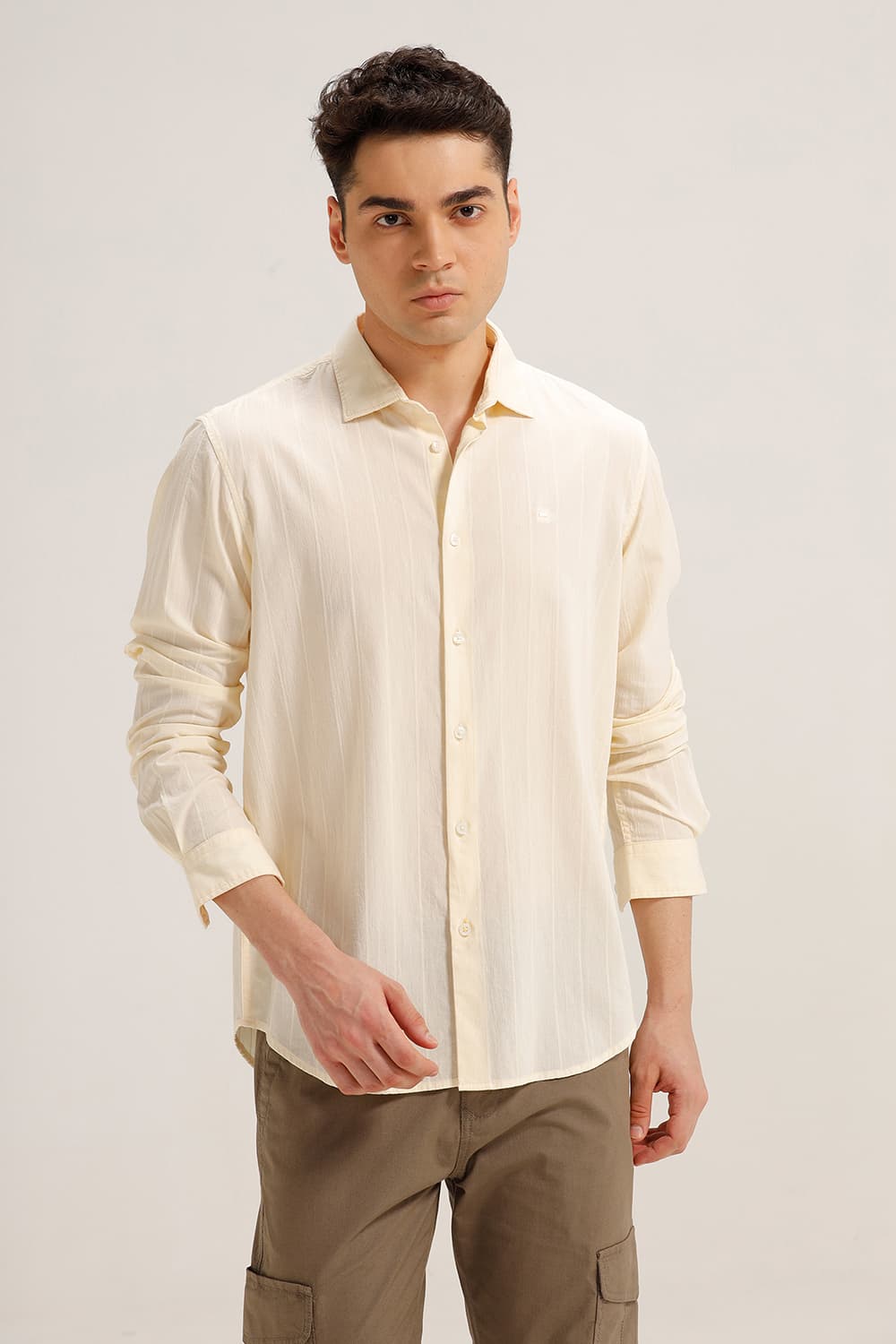 BASICS SLIM FIT AFTERGLOW OFFWHITE COTTON SEERSUCKER CRINKLE DOBBY STRIPE SHIRT