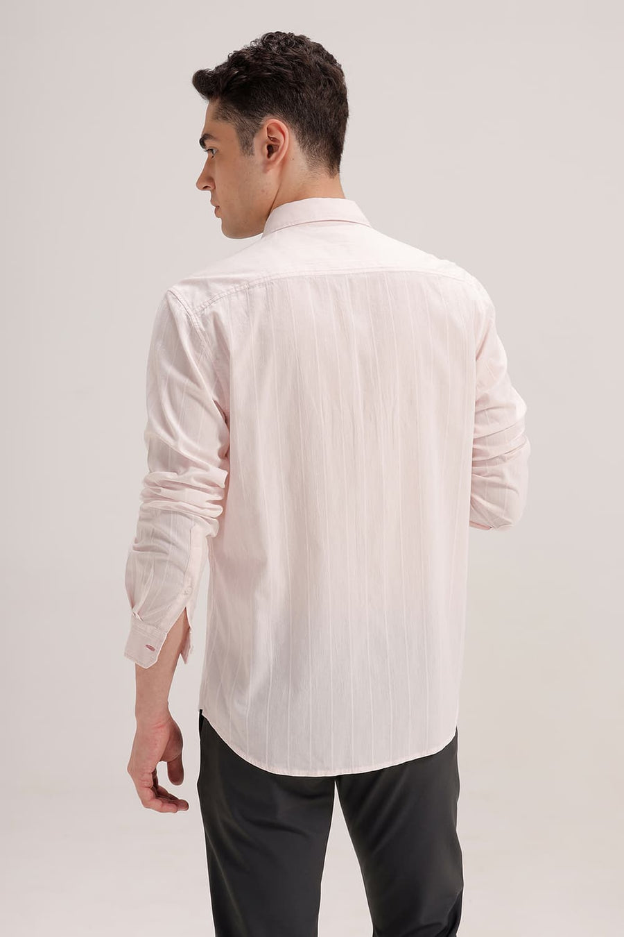 BASICS SLIM FIT PINK CHALK COTTON SEERSUCKER CRINKLE DOBBY STRIPE SHIRT