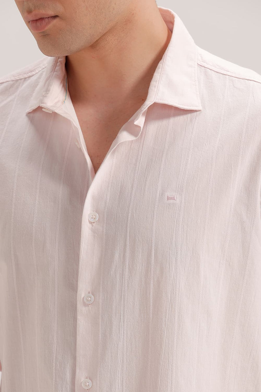 BASICS SLIM FIT PINK CHALK COTTON SEERSUCKER CRINKLE DOBBY STRIPE SHIRT