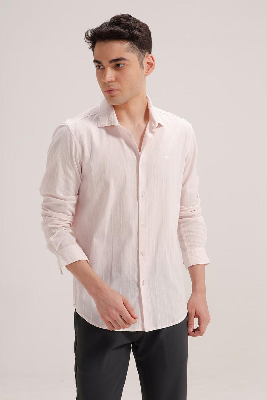 BASICS SLIM FIT PINK CHALK COTTON SEERSUCKER CRINKLE DOBBY STRIPE SHIRT