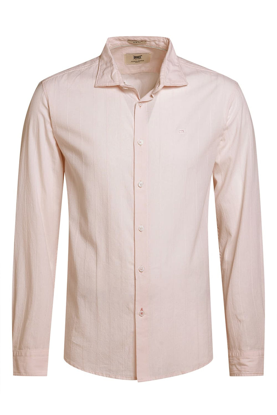 BASICS SLIM FIT PINK CHALK COTTON SEERSUCKER CRINKLE DOBBY STRIPE SHIRT