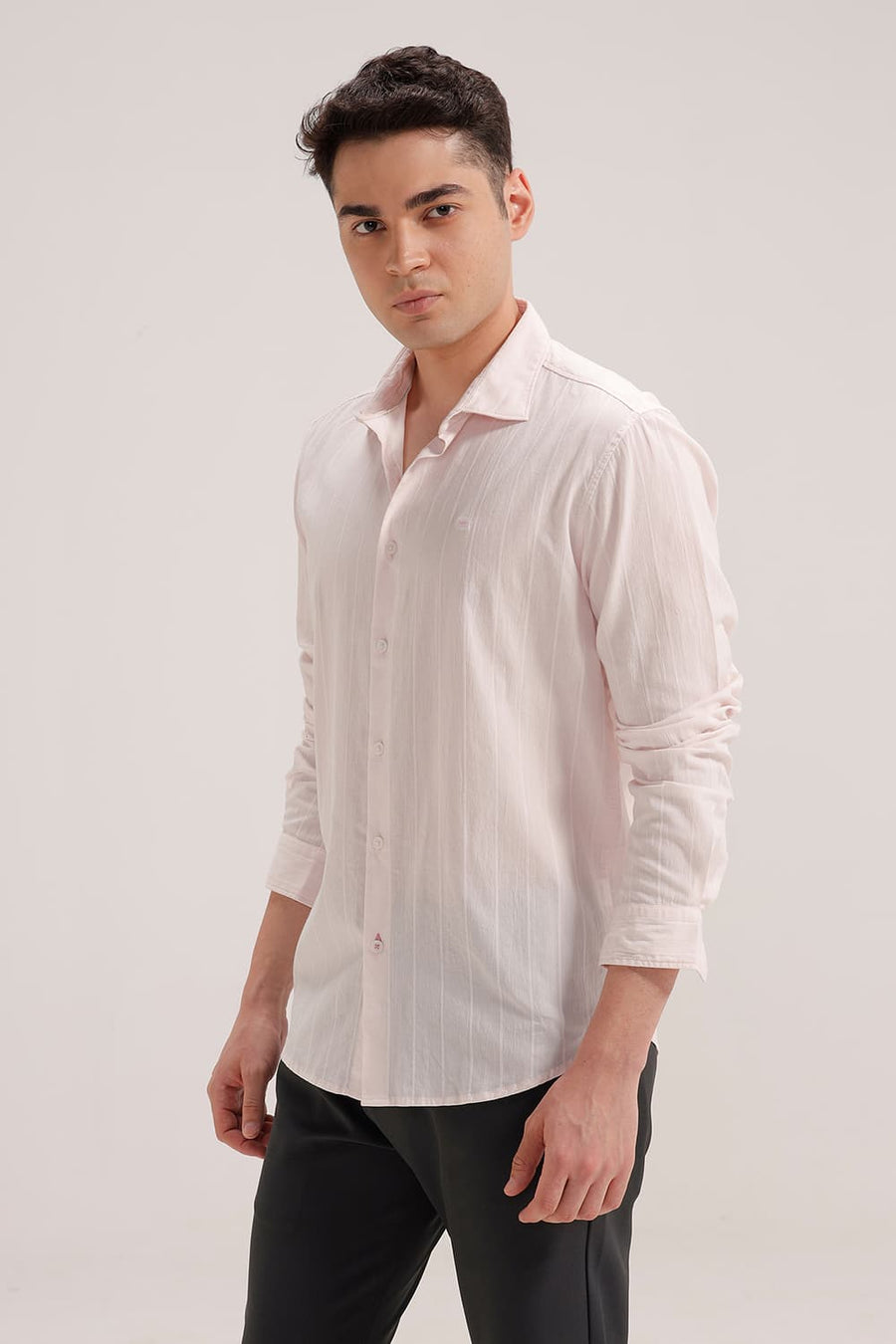 BASICS SLIM FIT PINK CHALK COTTON SEERSUCKER CRINKLE DOBBY STRIPE SHIRT