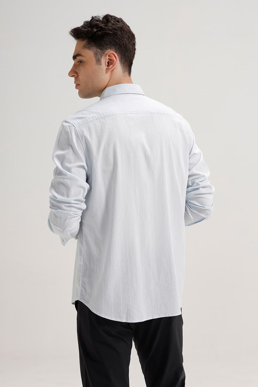 BASICS SLIM FIT BLUE SKYRIDE COTTON SEERSUCKER CRINKLE DOBBY STRIPE SHIRT