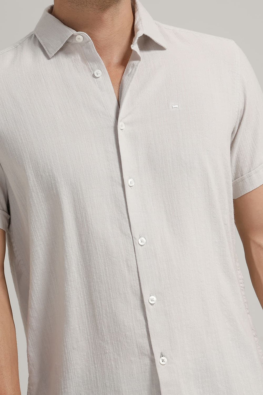 BASICS SLIM FIT MOON GREY COTTON DOBBY STRIPE HALFSLEEVES SHIRT