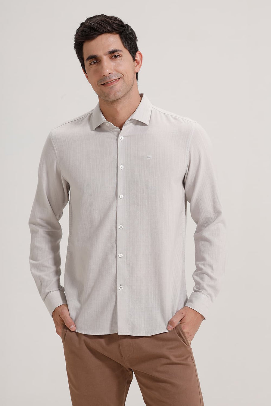 BASICS SLIM FIT MOON GREY COTTON DOBBY STRIPE SHIRT