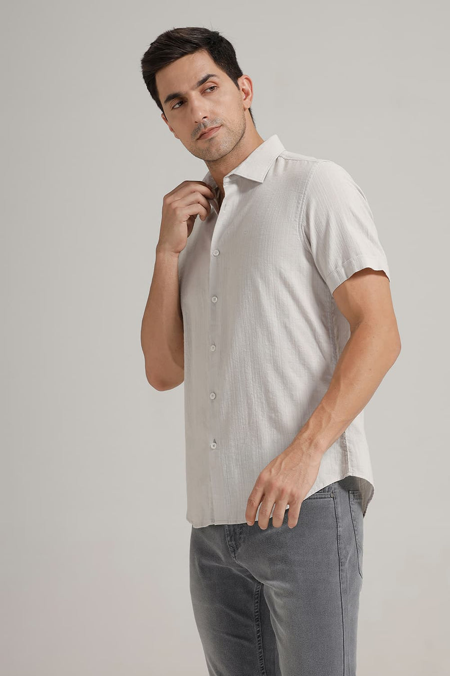 BASICS SLIM FIT MOON GREY COTTON DOBBY STRIPE HALFSLEEVES SHIRT